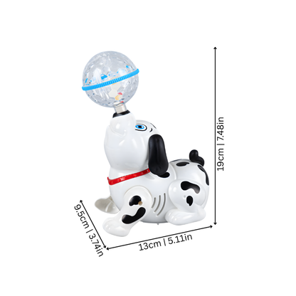 Toddler holding an interactive light-up musical dog toy, perfect for early education and sensory play.