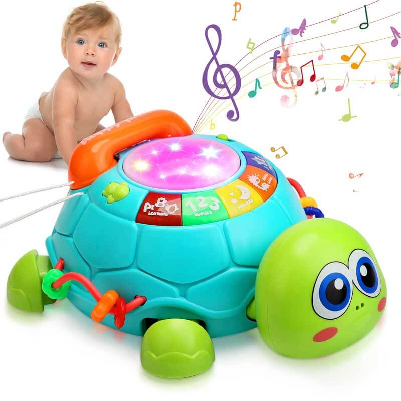 Interactive musical turtle crawling toy for babies, teaching motor skills and sensory play