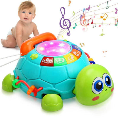 Interactive musical turtle crawling toy for babies, teaching motor skills and sensory play