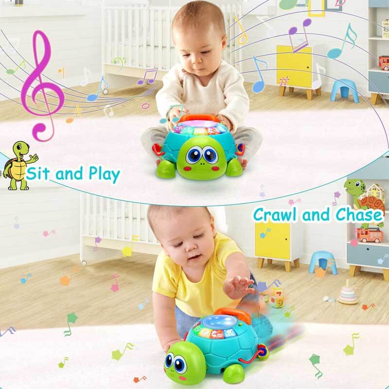 Baby reaching for a colorful interactive musical turtle crawling toy on the floor, educational gift