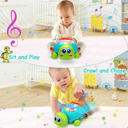 Baby reaching for a colorful interactive musical turtle crawling toy on the floor, educational gift