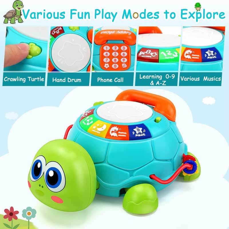 Close-up of an infant's hand touching the interactive buttons on a musical turtle toy