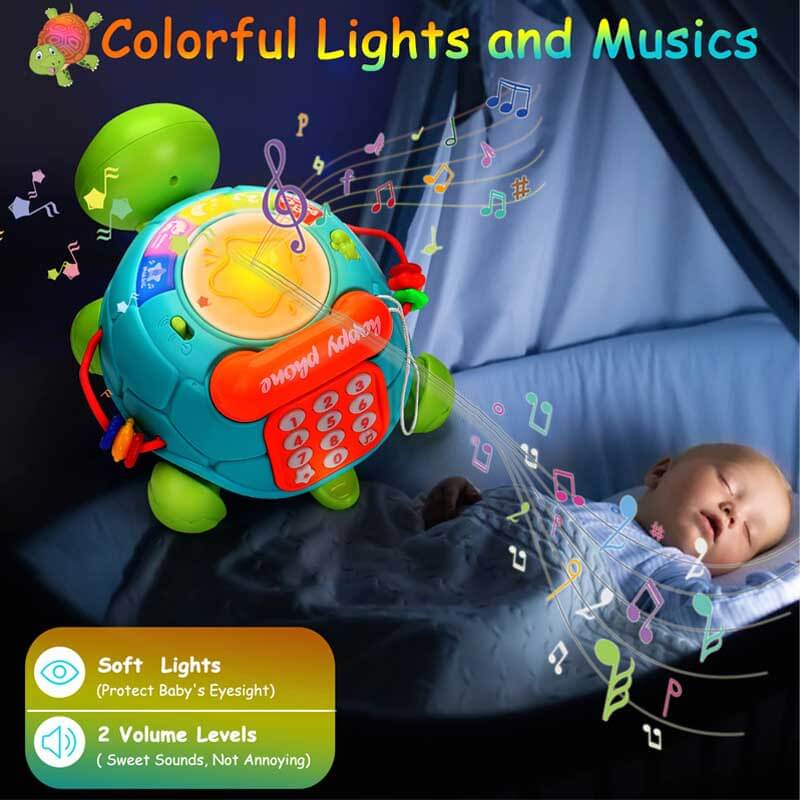 Musical turtle crawling toy with flashing lights, designed for baby learning and motor skills