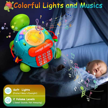Musical turtle crawling toy with flashing lights, designed for baby learning and motor skills