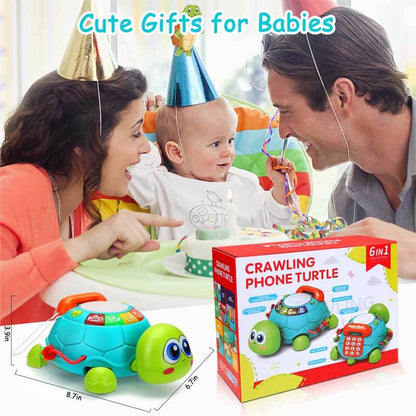 Side view of a vibrant musical turtle crawling toy moving across a playmat for baby entertainment