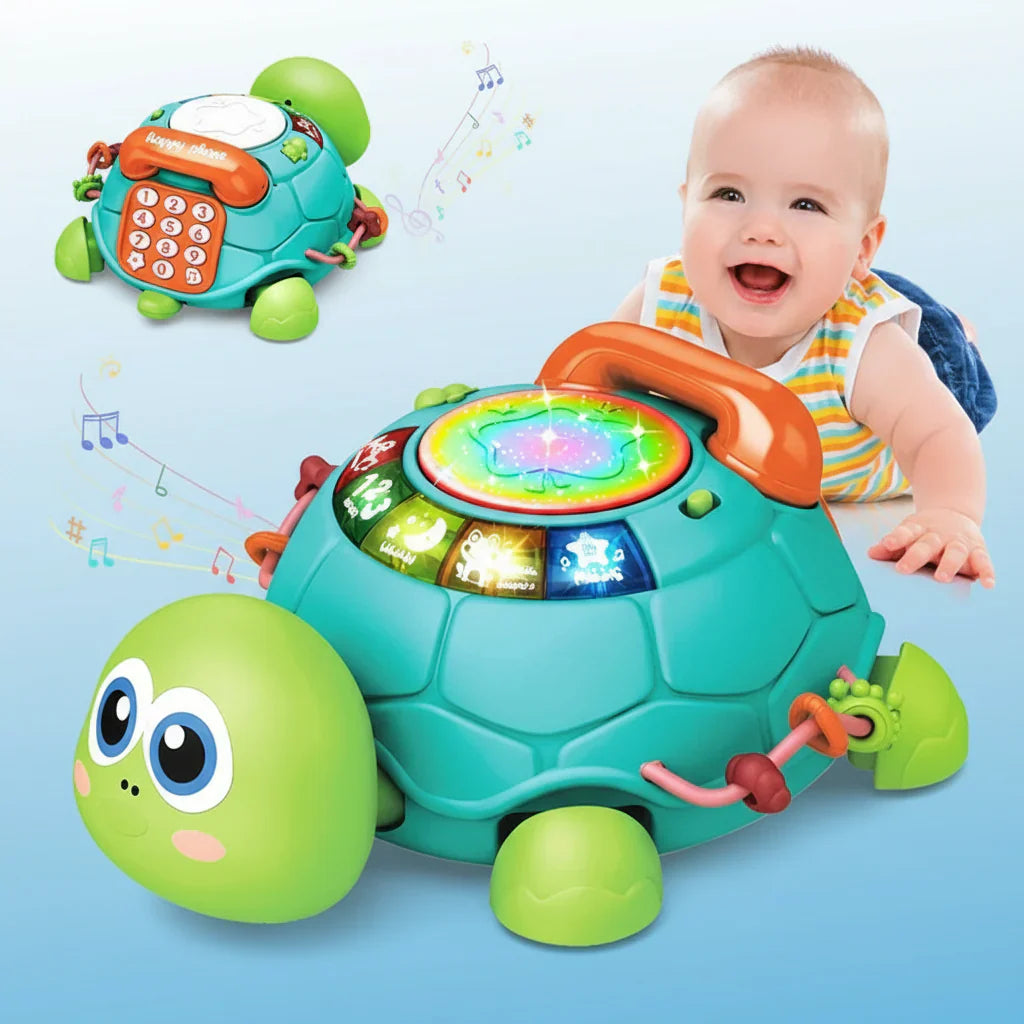 Interactive musical turtle toy for babies with colorful buttons & lights, promotes sensory development.