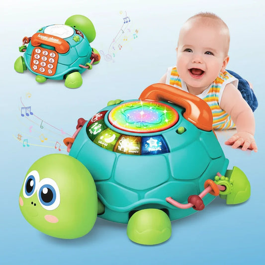 Interactive musical turtle toy for babies with colorful buttons & lights, promotes sensory development.