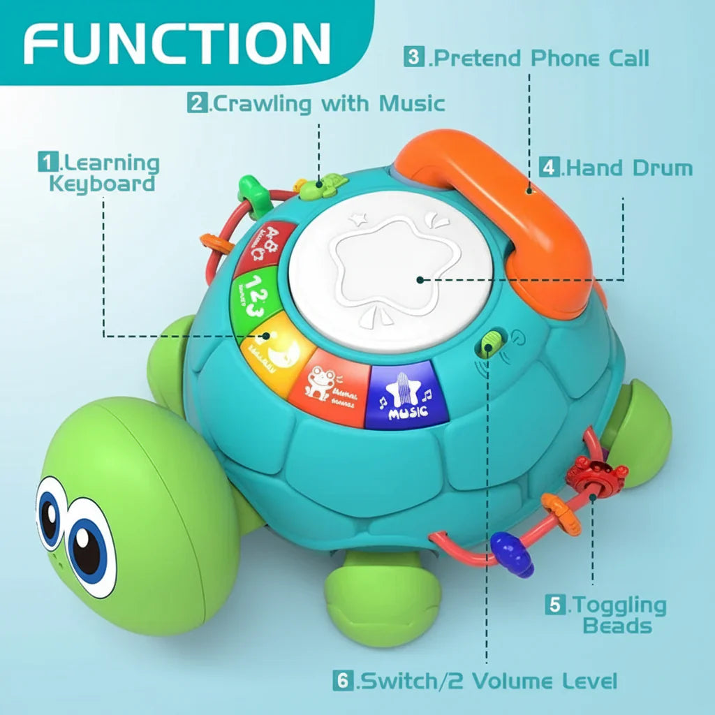 Toddler interactive musical turtle, ideal for early learning and encouraging motor skills.