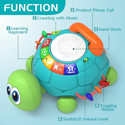 Toddler interactive musical turtle, ideal for early learning and encouraging motor skills.