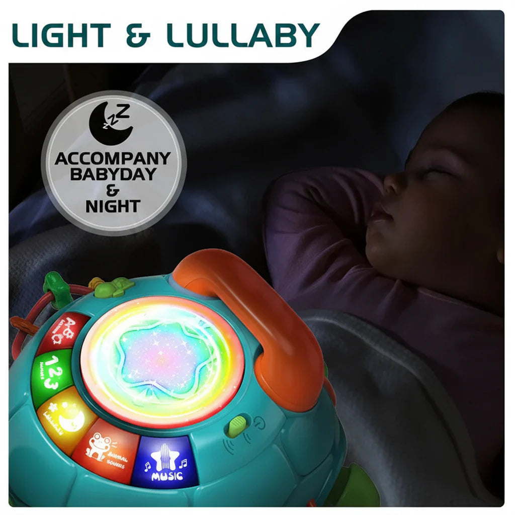 Musical turtle baby toy featuring various instruments, enhances auditory and visual stimulation.