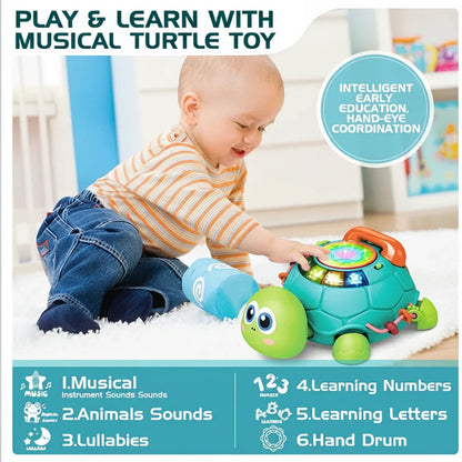 Vibrant musical turtle toy designed for babies, a fun and interactive educational playtime essential.