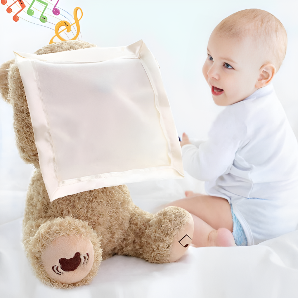 Interactive Peek-A-Boo Bear plush toy for babies & toddlers. Soft, cuddly developmental toy.