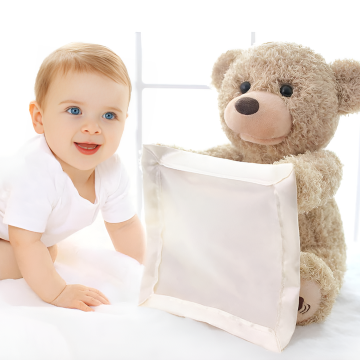 Soft plush Peek-A-Boo teddy bear for infants & toddlers. Interactive game for early development.