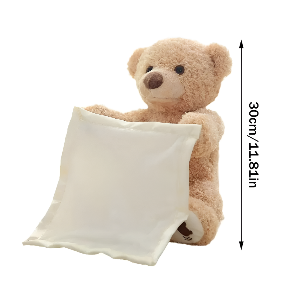 Children's interactive plush peek-a-boo bear for sensory play & early development. Soft teddy toy.