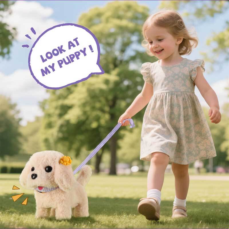 Child playing with walking robot dog, interactive pet playset for children's entertainment