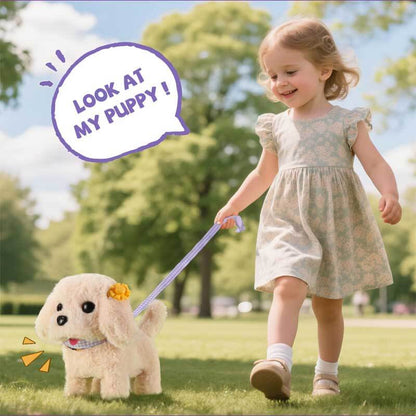 Child playing with walking robot dog, interactive pet playset for children's entertainment
