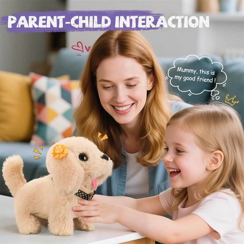 Children holding a cute interactive robot dog, suitable for pretend play and learning