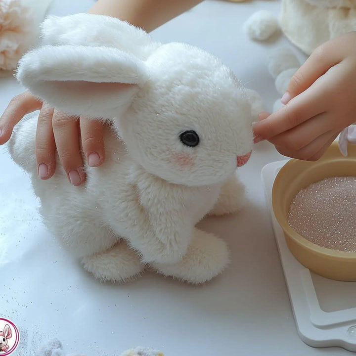 Close-up of a cute interactive plush bunny, a soft stuffed animal with lifelike movements & sounds for kids.