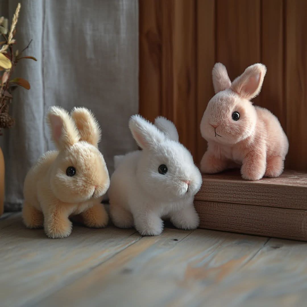 Toddler enjoying an interactive plush bunny toy, a soft talking & moving stuffed animal, ideal for young kids.
