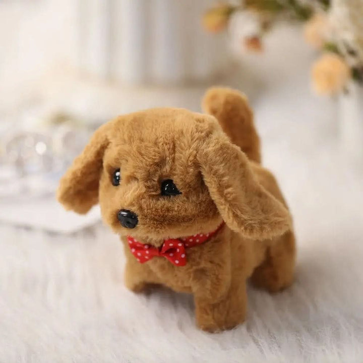Interactive plush dog toy, movable for children's imaginative play. A soft animal companion.