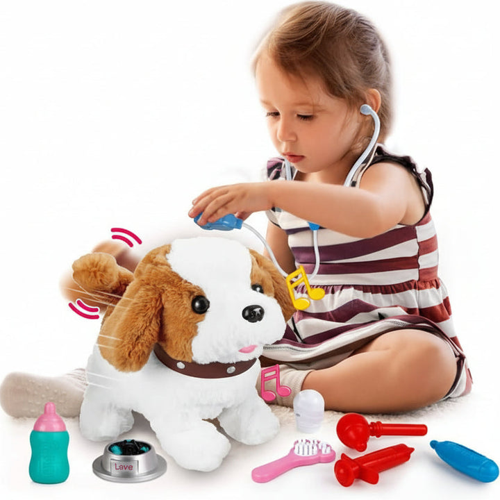 Interactive plush dog, movable for kids' dynamic play. A soft stuffed animal inspiring imagination.