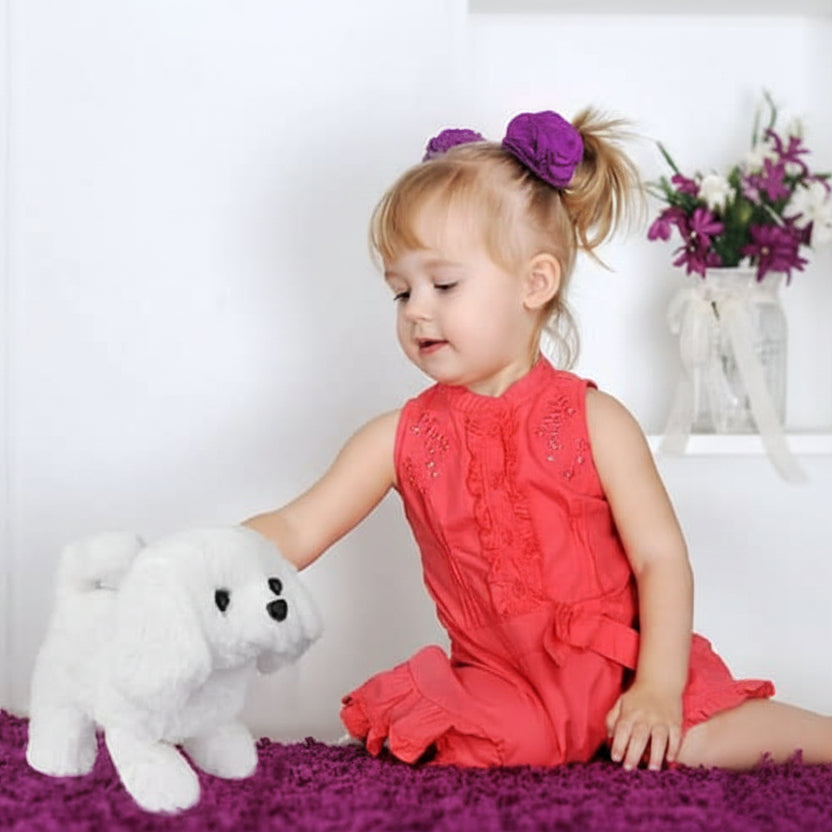 Children's movable interactive plush dog toy, a cute soft animal for play and engagement.
