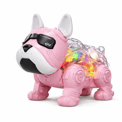Close-up of RoboPup interactive walking puppy toy, showing expressive eyes and colorful design for toddlers.