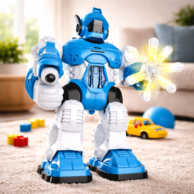 Interactive robot toy for toddlers, white with colorful buttons, promoting cause and effect learning. STEM toy.