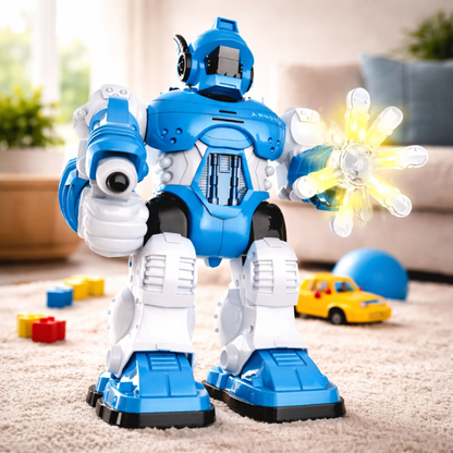 Interactive robot toy for toddlers, white with colorful buttons, promoting cause and effect learning. STEM toy.