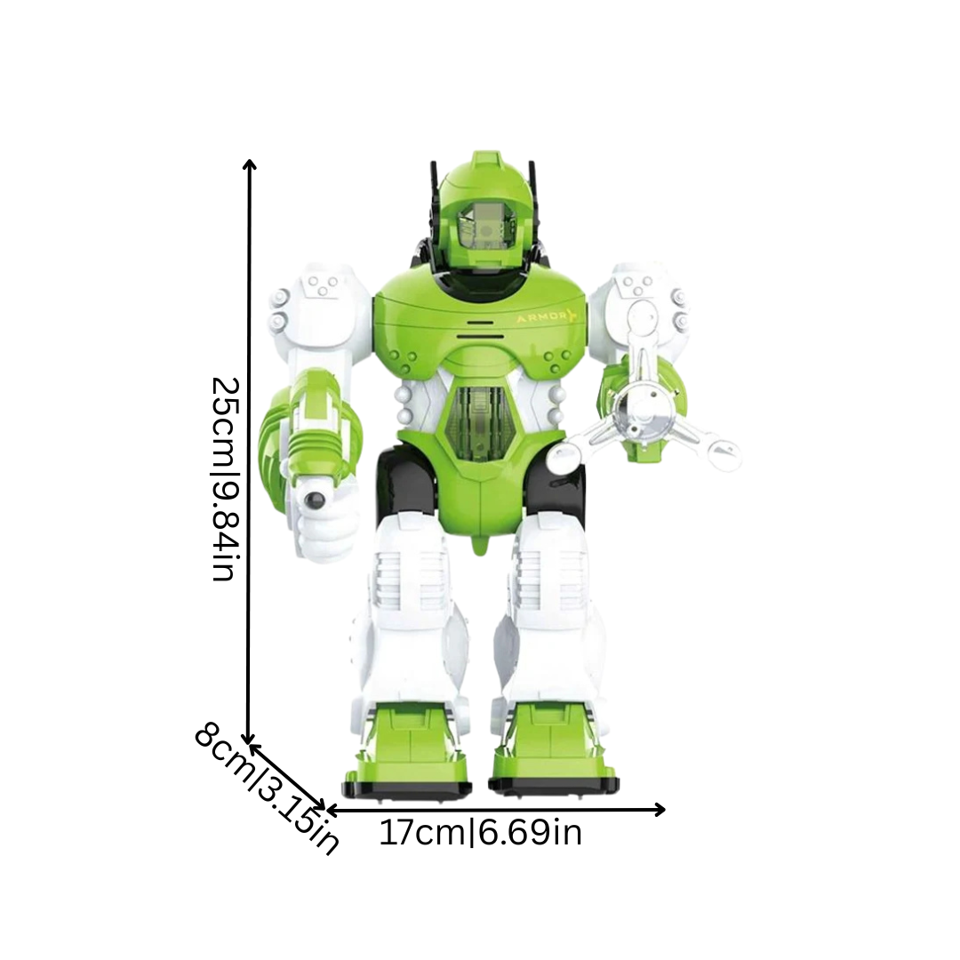 Baby-friendly interactive robot toy with bright lights and sounds for sensory play and early development.