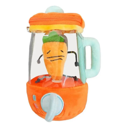 Child playing with an interactive rotating carrot juicer plush toy, promoting development
