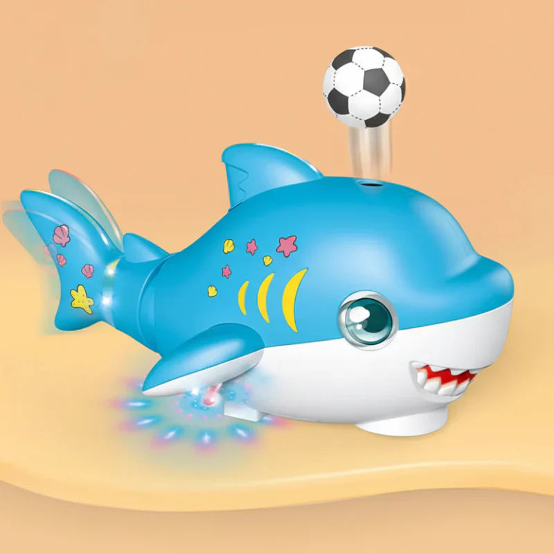 Kids' interactive shark toy with walking motion, flashing lights, and catchy music.