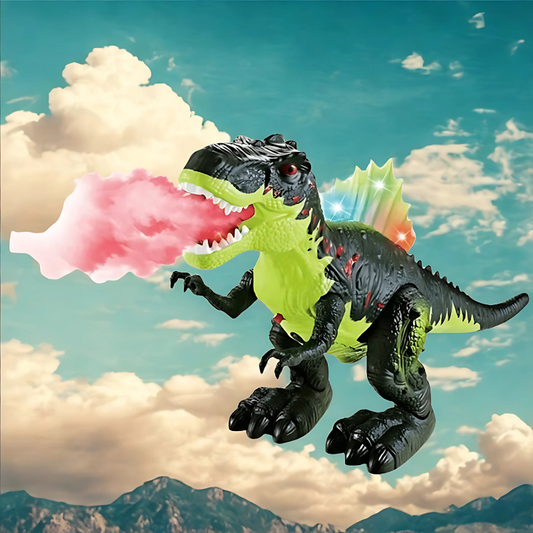 Interactive T-Rex dinosaur toy with roaring sounds, walking motion, glowing eyes, and smoke effect for kids