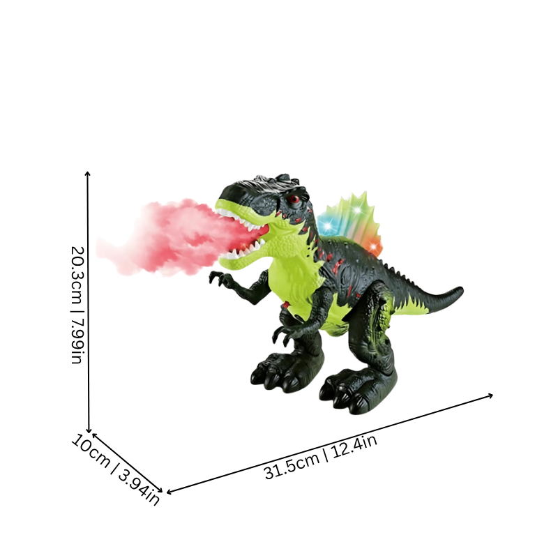 Toddler playing with a walking T-Rex dinosaur toy that lights up and emits safe smoke, encouraging imaginative play