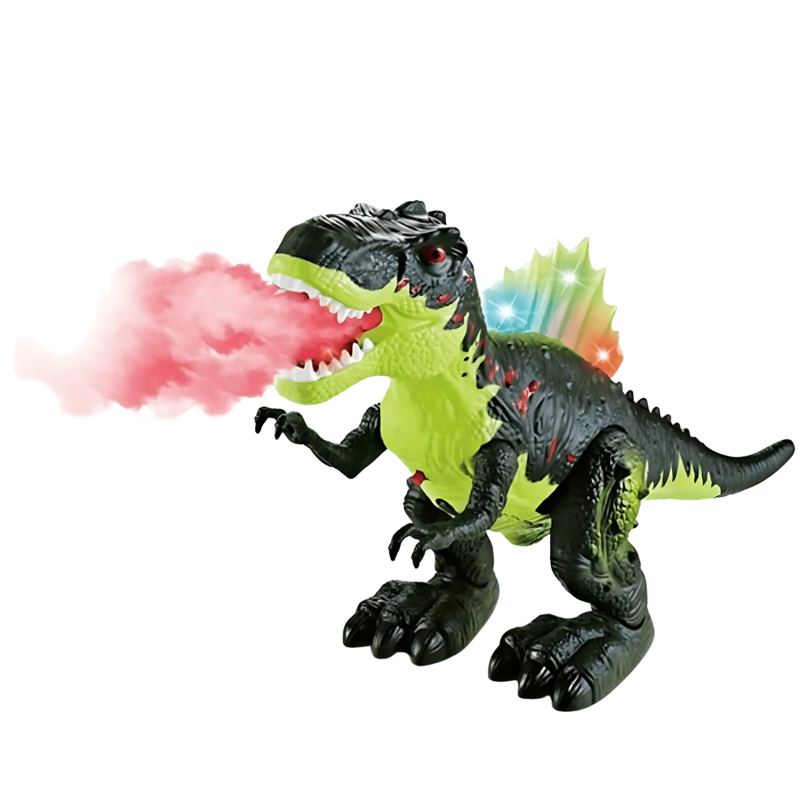 Close-up of a roaring T-Rex interactive toy, highlighting its textured skin, light-up eyes, and smoke coming from mouth