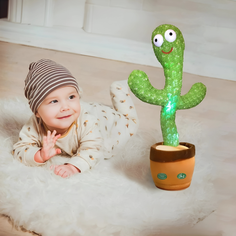 Interactive talking cactus plush toy for kids, repeats phrases, sings, and dances, aiding speech development.