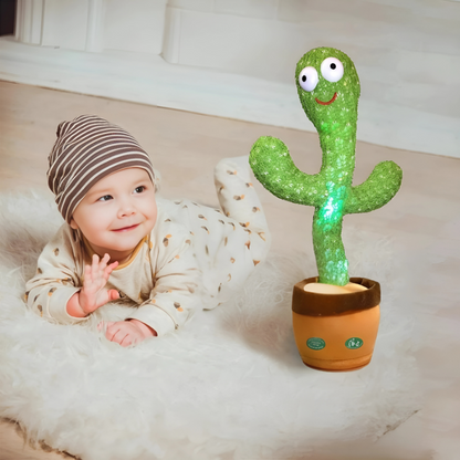 Interactive talking cactus plush toy for kids, repeats phrases, sings, and dances, aiding speech development.