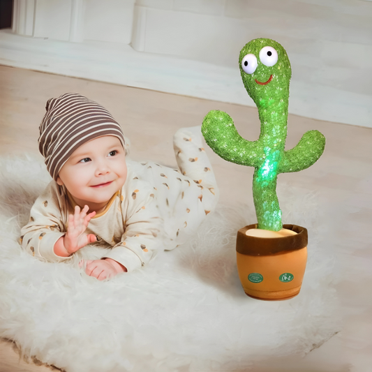 Interactive talking cactus plush toy for kids, repeats phrases, sings, and dances, aiding speech development.