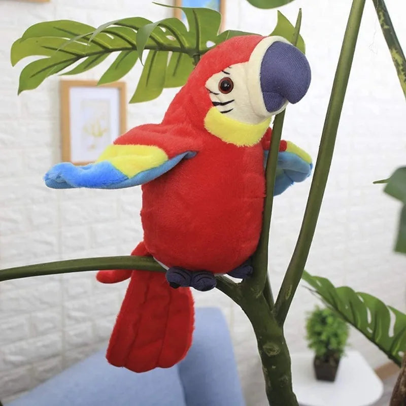 Interactive talking parrot plush toy for kids, a soft and cuddly animal toy for early learning.