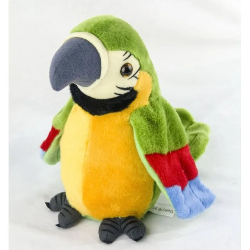 Detailed view of interactive talking parrot plush, a soft and durable educational toy.