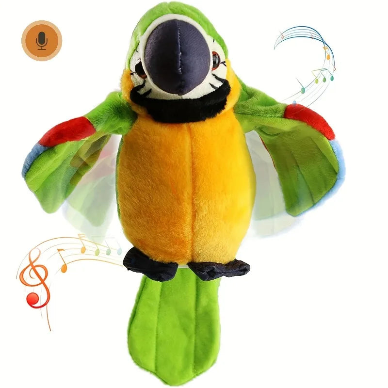 Close-up of interactive talking parrot plush, showing detailed craftsmanship, a kids gift.