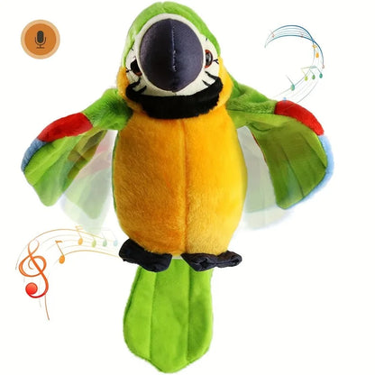 Close-up of interactive talking parrot plush, showing detailed craftsmanship, a kids gift.
