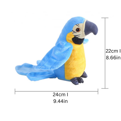 Child playing with an interactive talking parrot, promoting language development and fun.
