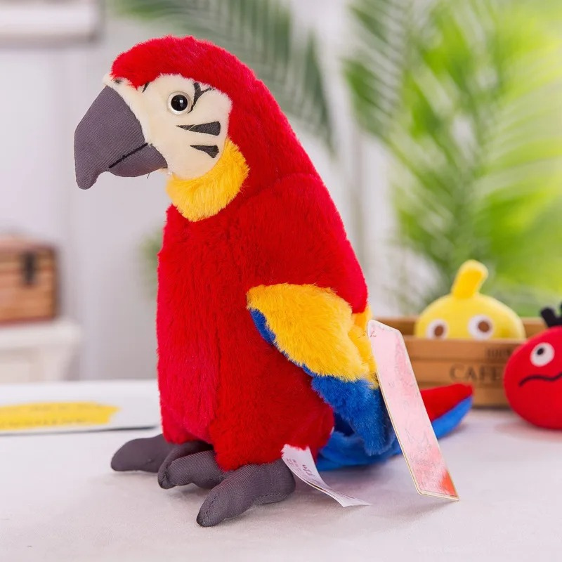 Vibrant talking parrot toy, perfect for kids' sensory play and learning new phrases.