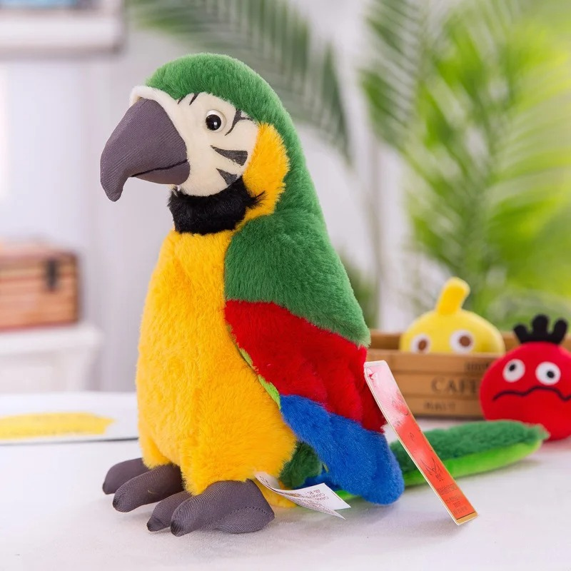 Close-up of a childrens interactive parrot toy with bright colors, an engaging educational tool.