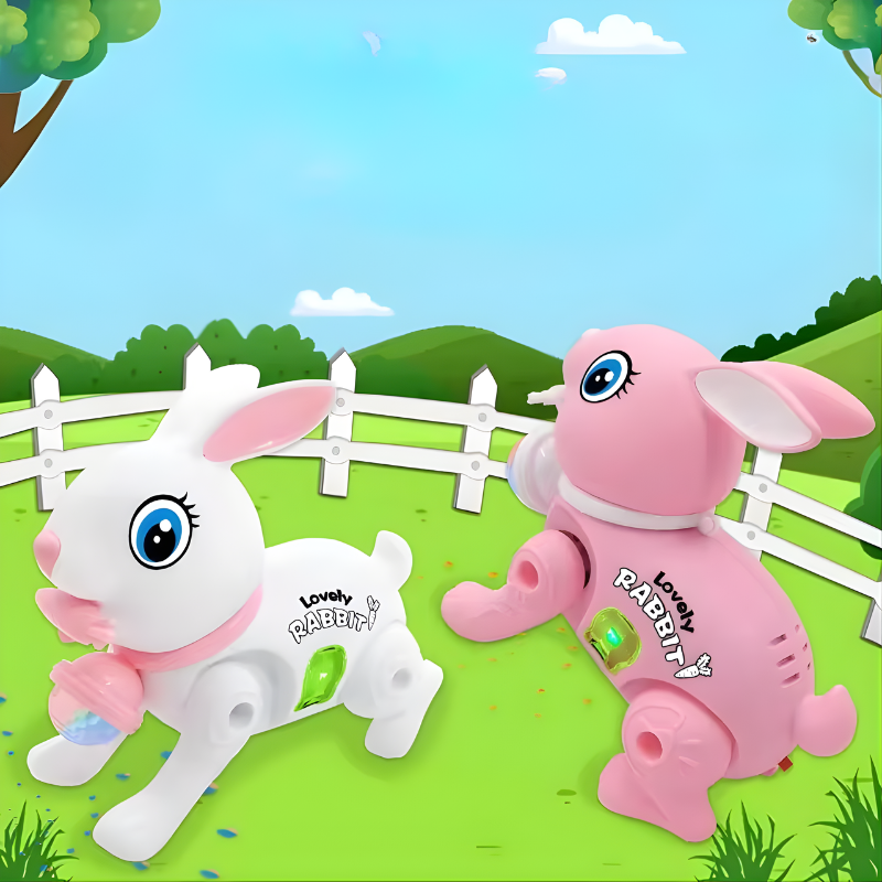 Interactive walking bunny toy for kids with musical features and flashing lights, perfect toddler gift.