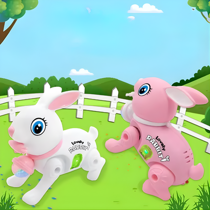 Interactive walking bunny toy for kids with musical features and flashing lights, perfect toddler gift.