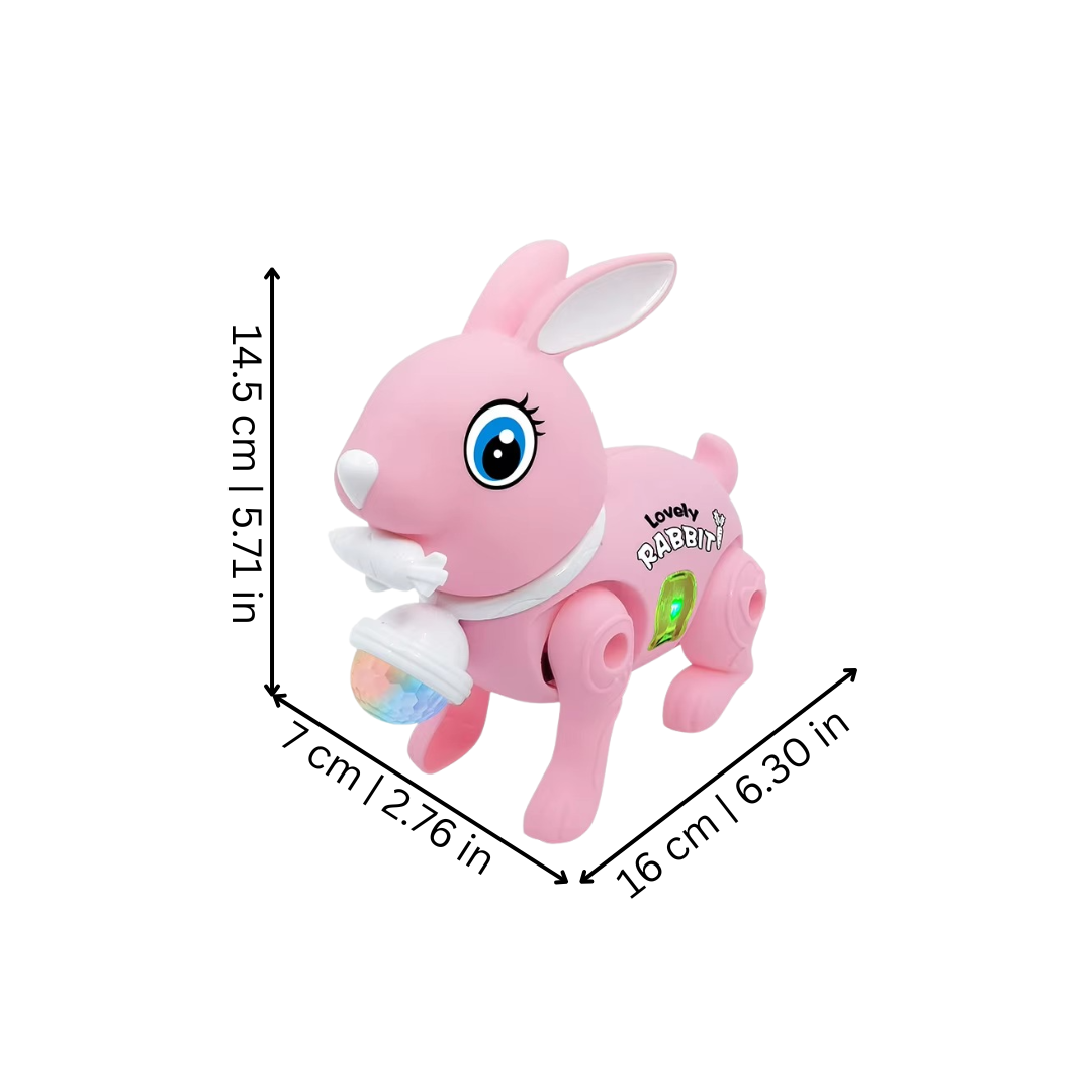 Cute electronic bunny toy walking independently, engaging children with sounds and colorful lights.