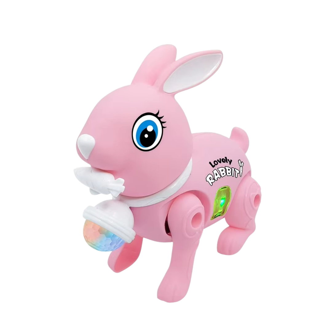 White interactive bunny toy, a fun walking animal with musical and light-up functions for toddlers.