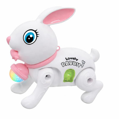 Kids' developmental toy: interactive walking bunny with engaging music and bright lights for playtime fun.